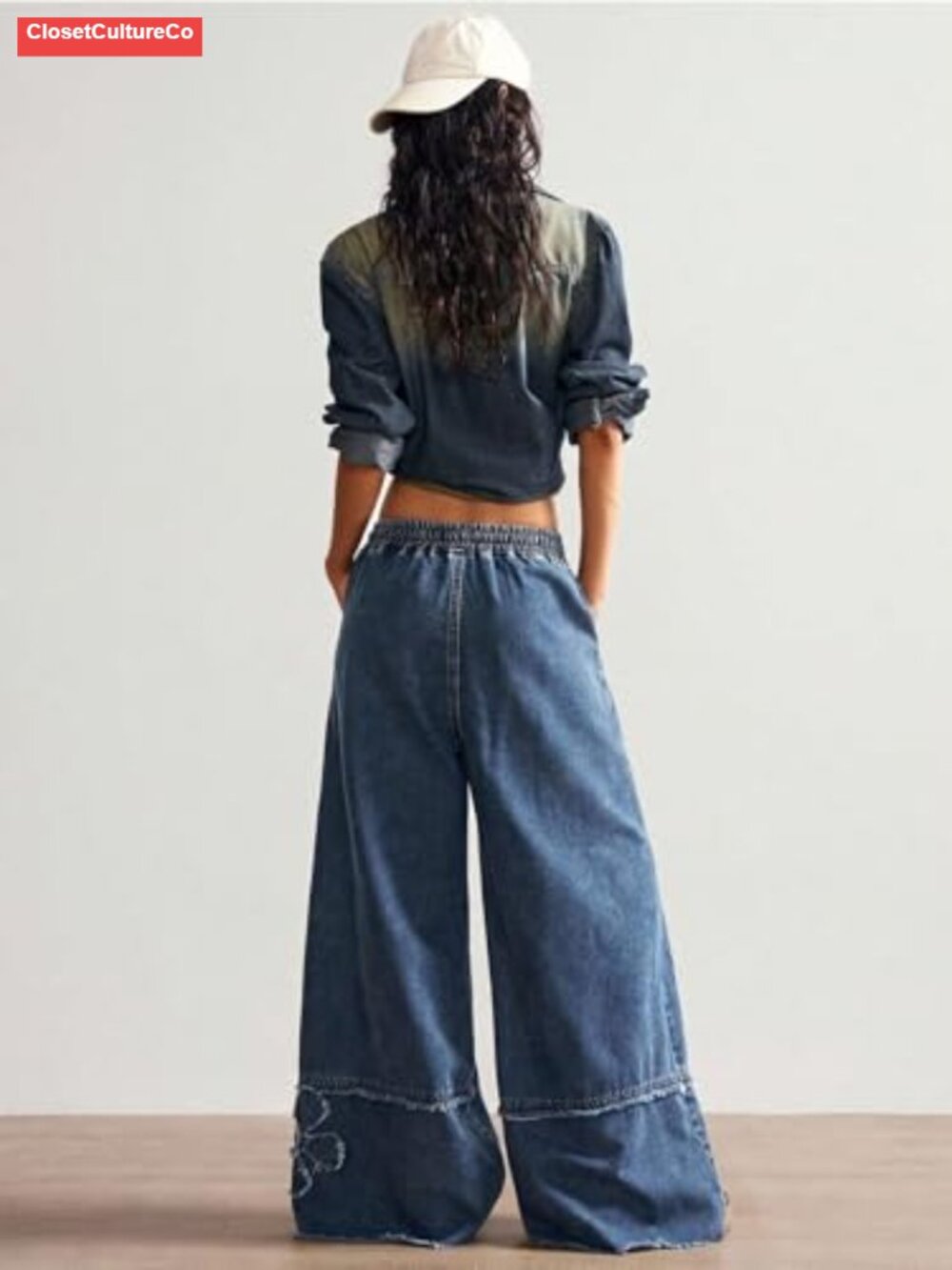 Baggy Wide Leg Jeans Women Drawstring High Waisted Distressed Denim Pants - Picture 6 of 6